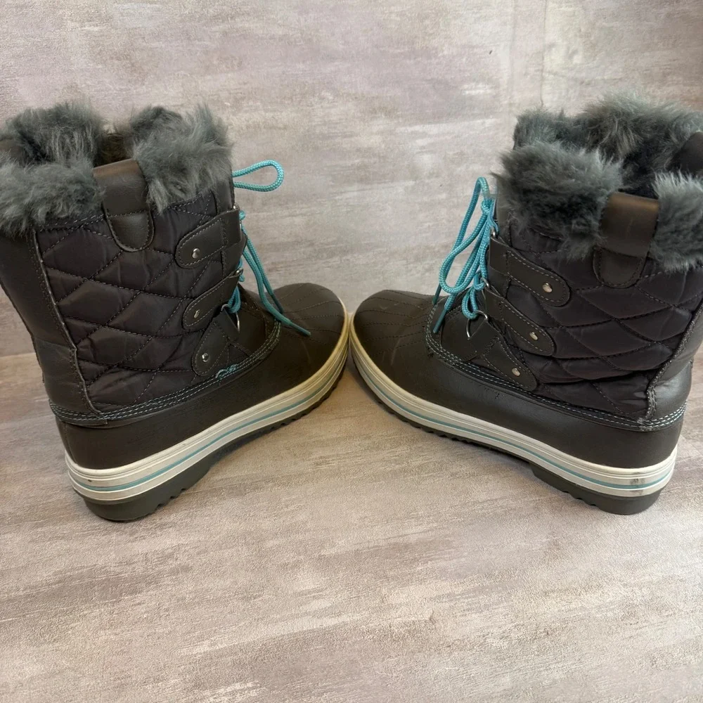 Polar Womens Winter Snow Boots Gray Faux Fur Trim Quilted Duck Boots Blue Laces